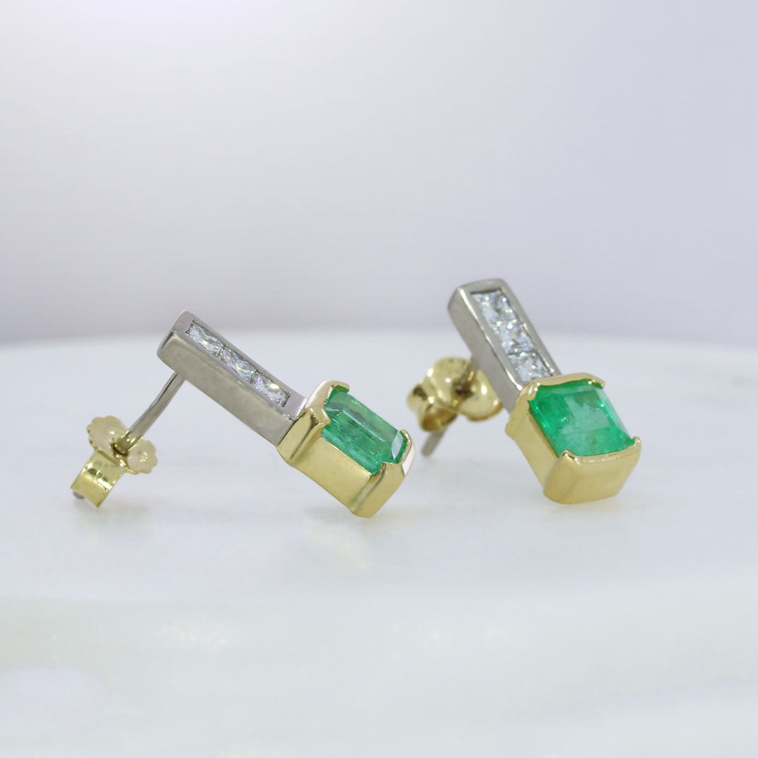 18ct White & Yellow Drop Earrings with Oblong Emerald & Princess Cut Diamonds