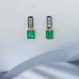 18ct White & Yellow Drop Earrings with Oblong Emerald & Princess Cut Diamonds