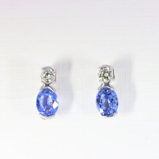 9ct White Gold Trap Set Oval Sapphire & Round Diamond Stud Earrings