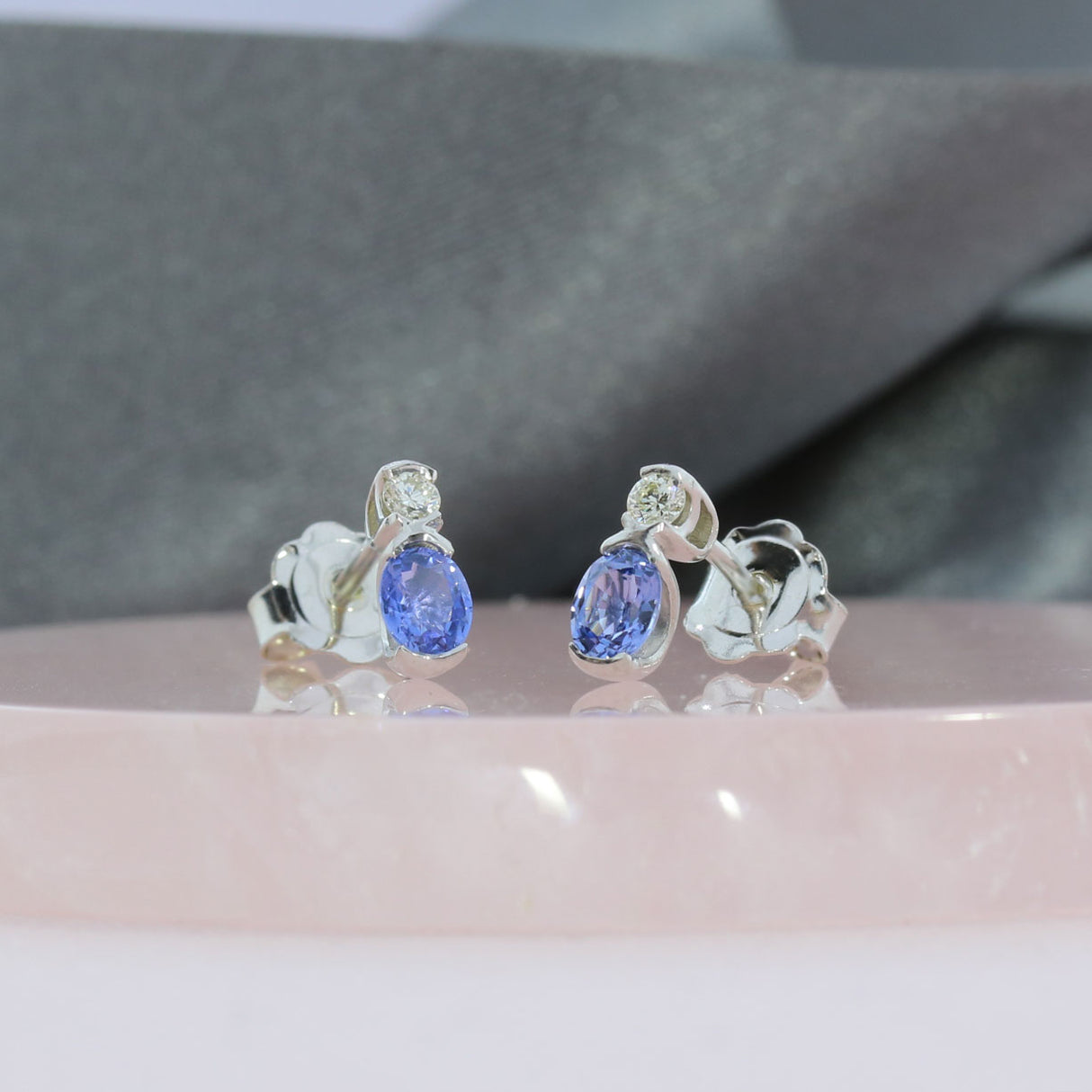 9ct White Gold Trap Set Oval Sapphire & Round Diamond Stud Earrings