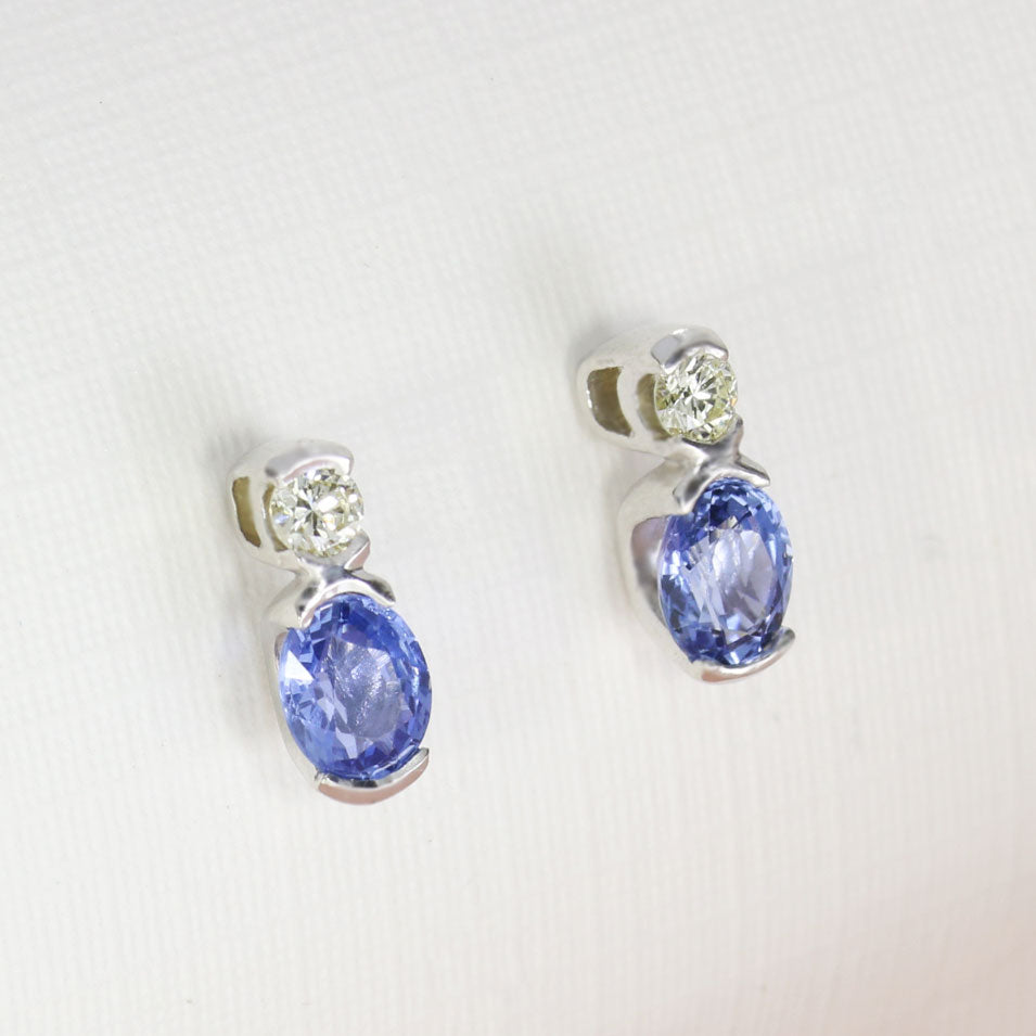 9ct White Gold Trap Set Oval Sapphire & Round Diamond Stud Earrings