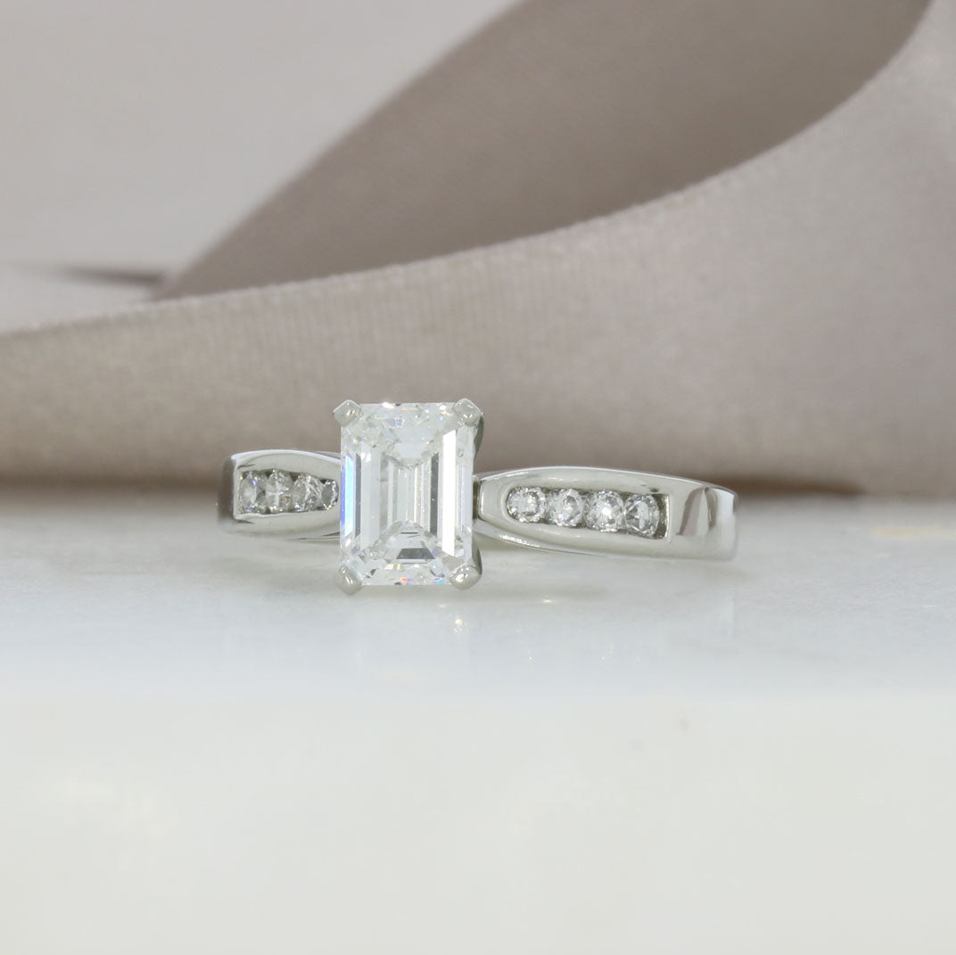 Pre Owned Platinum GIA Certified 1.00ct E VS1 Emerald Cut Diamond Ring