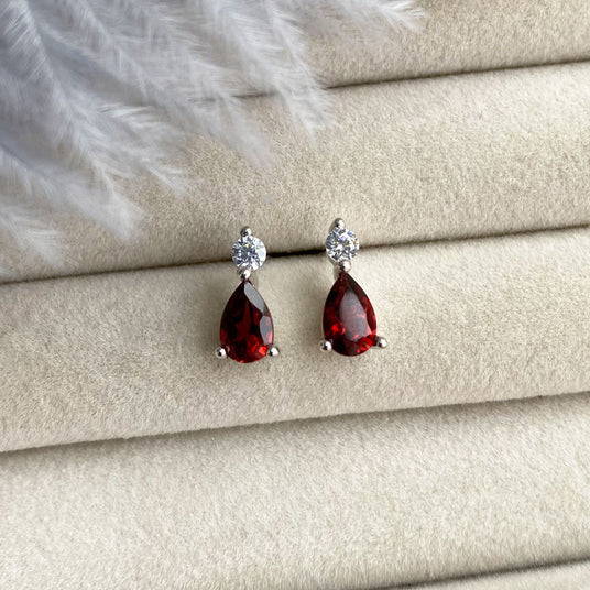 Silver Claw Set Pear Shaped Garnet & CZ Earrings