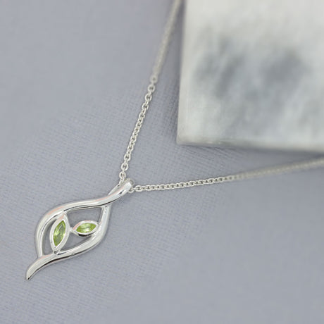 Silver Leaf Shaped Peridot Pendant & Chain