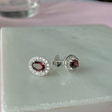 Silver Oval Garnet & CZ Halo Earrings