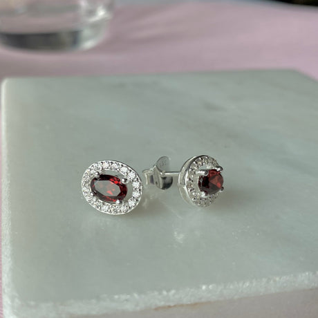 Silver Oval Garnet & CZ Halo Earrings