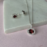 Silver Oval Garnet & CZ Halo Earrings