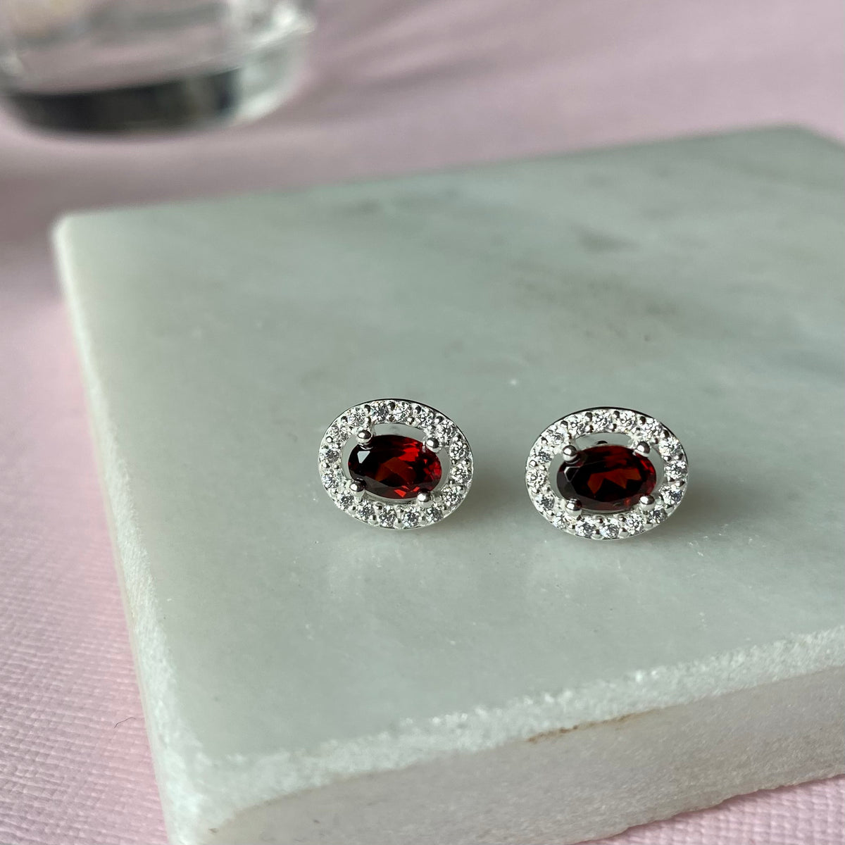 Silver Oval Garnet & CZ Halo Earrings
