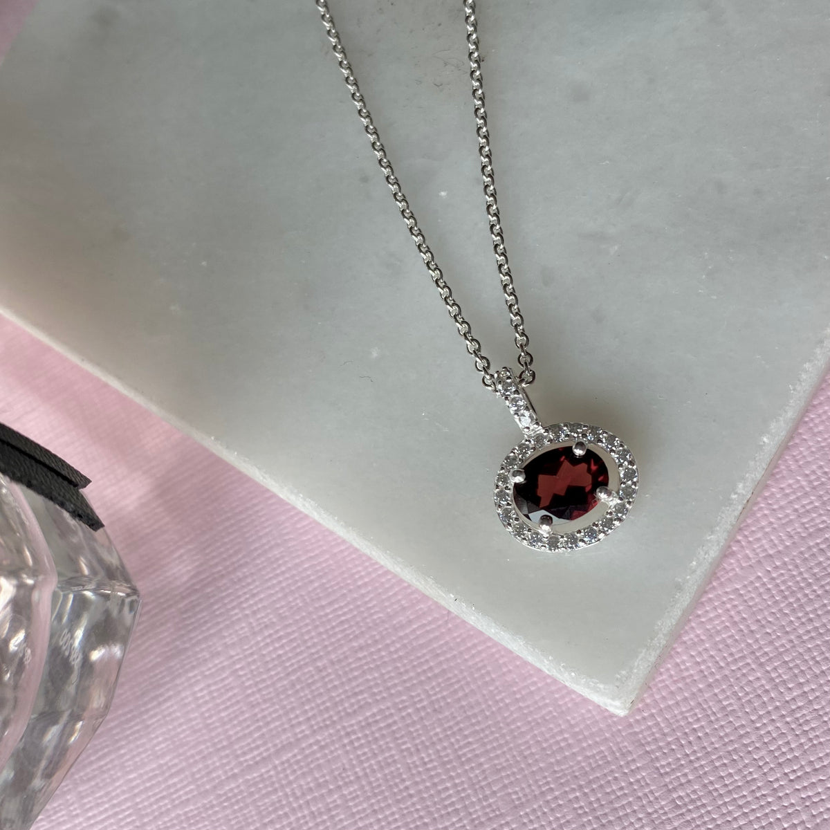 Silver Oval Garnet & CZ Halo Earrings