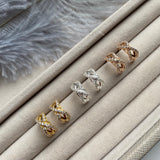 Silver Rose Gold Plate Fancy CZ Set Criss Cross Half Hoop Earring