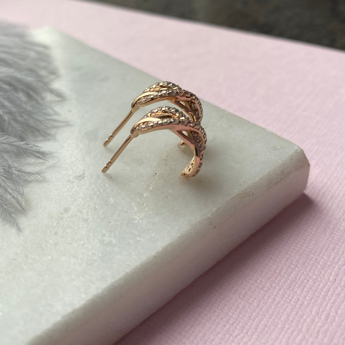 Silver Rose Gold Plate Fancy CZ Set Criss Cross Half Hoop Earring