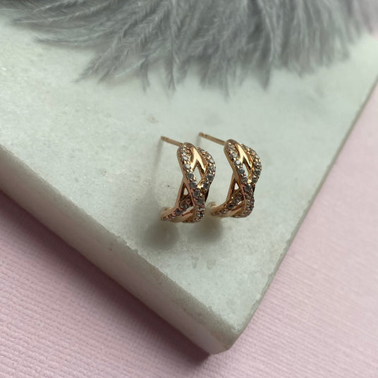 Silver Rose Gold Plate Fancy CZ Set Criss Cross Half Hoop Earring