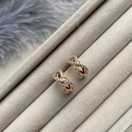 Silver Rose Gold Plate Fancy CZ Set Criss Cross Half Hoop Earring