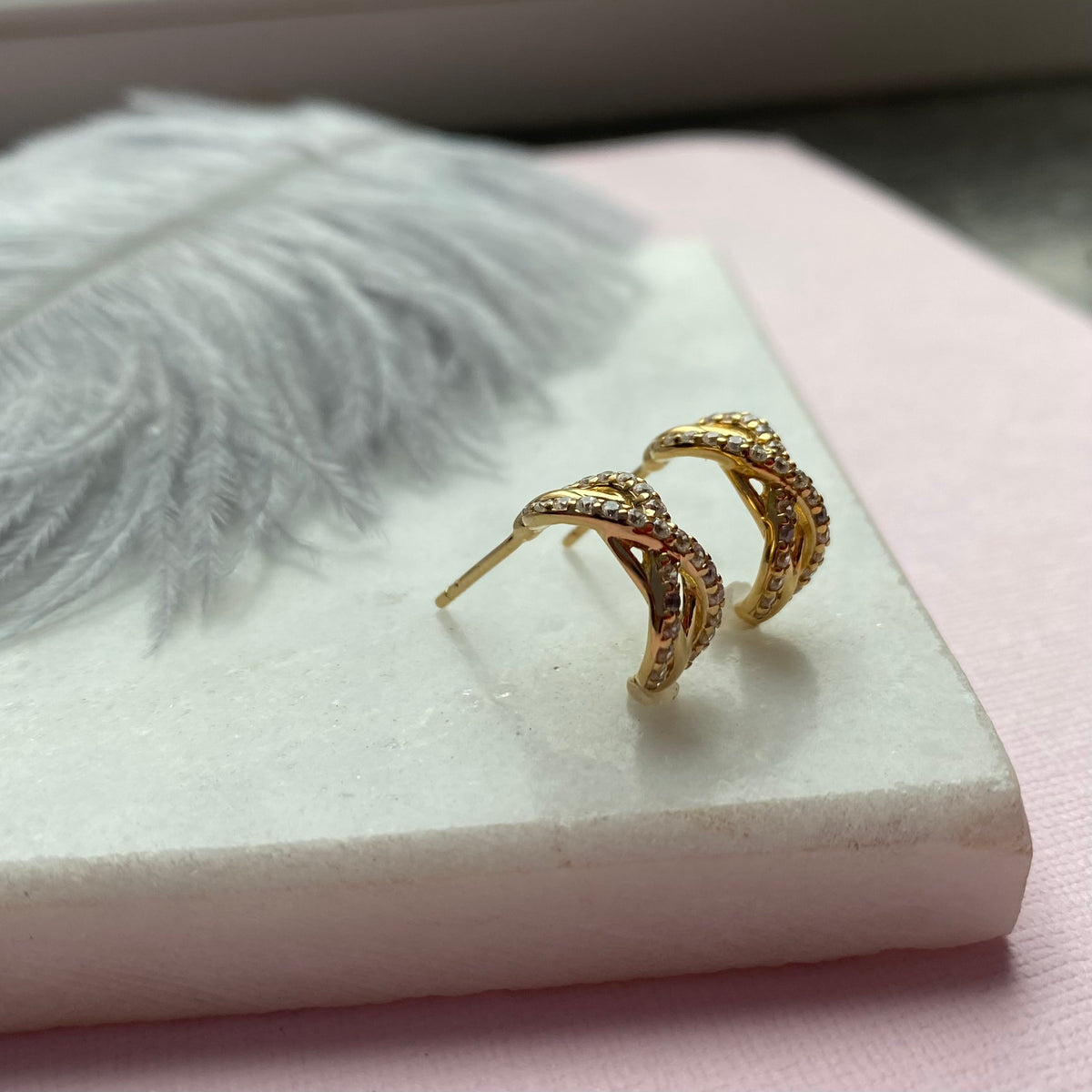 Silver Yellow Gold Plated Fancy Stone Set Criss Cross Half Hoop Earring
