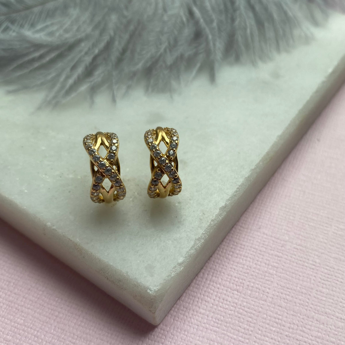 Silver Yellow Gold Plated Fancy Stone Set Criss Cross Half Hoop Earring