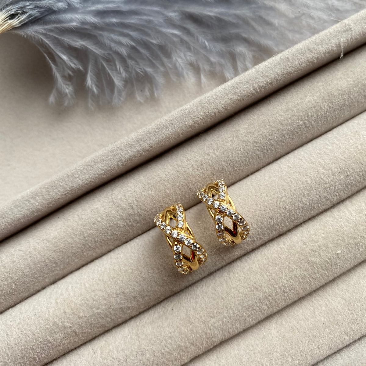 Silver Yellow Gold Plated Fancy Stone Set Criss Cross Half Hoop Earring