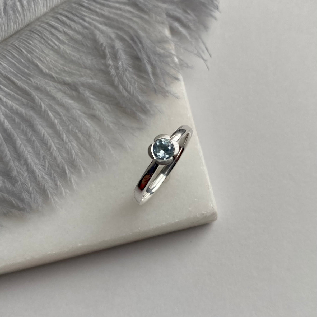 Silver 925 Mini Flower Style Satin Finish Blue Topaz Set Ring