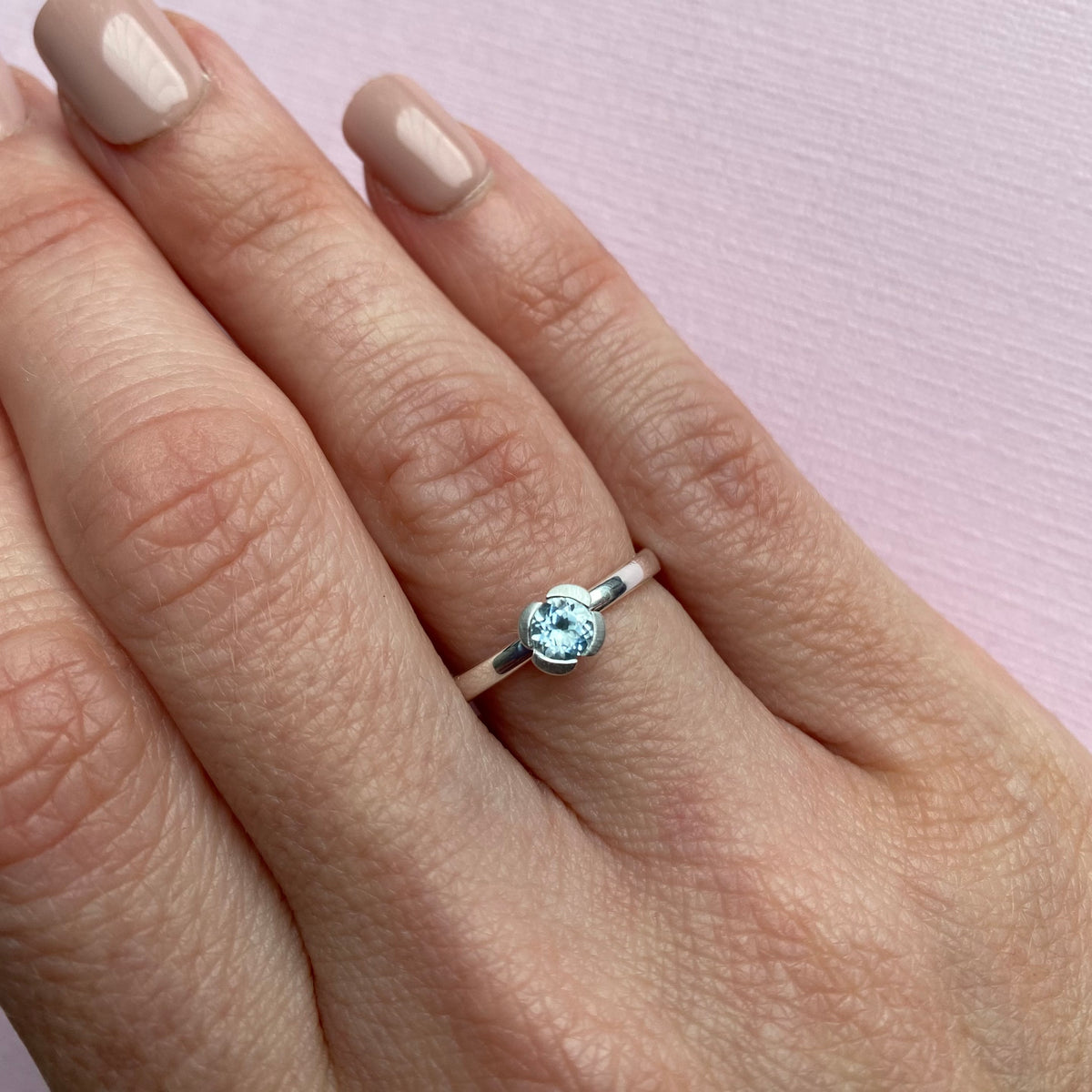 Silver 925 Mini Flower Style Satin Finish Blue Topaz Set Ring
