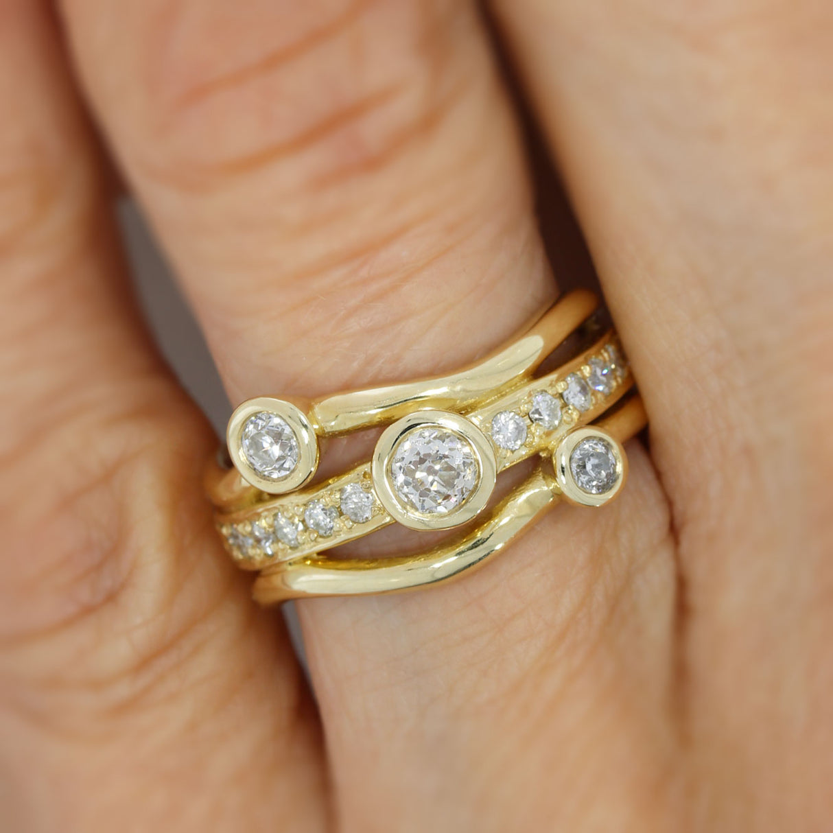 9ct Yellow Gold 3 Row Diamond Bubble Ring 0.80ct