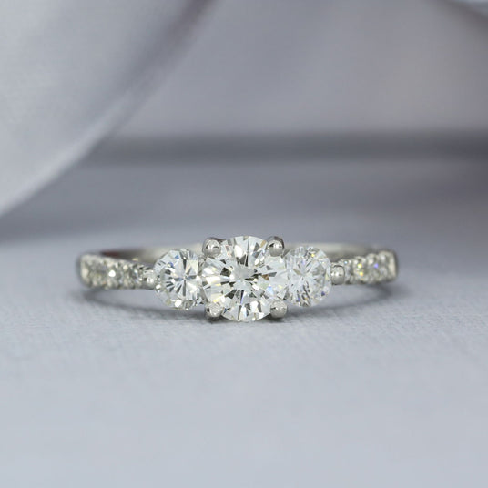 Platinum 3 Stone Certified Brilliant Cut Diamond Ring with Diamond Set Shoulders 0.90ct