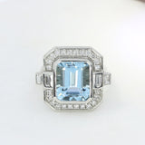Aquamarine Dress Ring with Pave Set Diamond Halo Surround & Baguette Diamond Shoulders