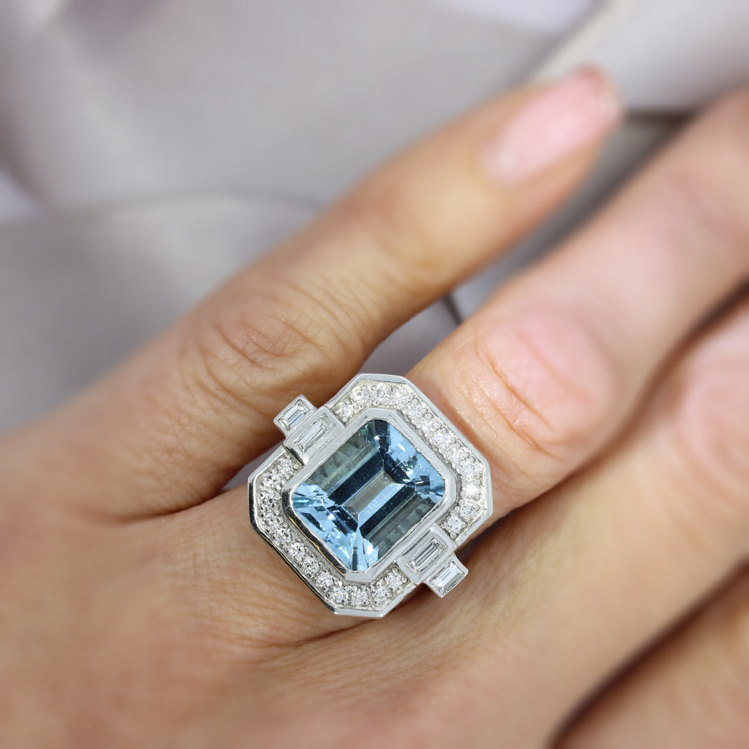 Aquamarine Dress Ring with Pave Set Diamond Halo Surround & Baguette Diamond Shoulders