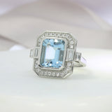 Aquamarine Dress Ring with Pave Set Diamond Halo Surround & Baguette Diamond Shoulders