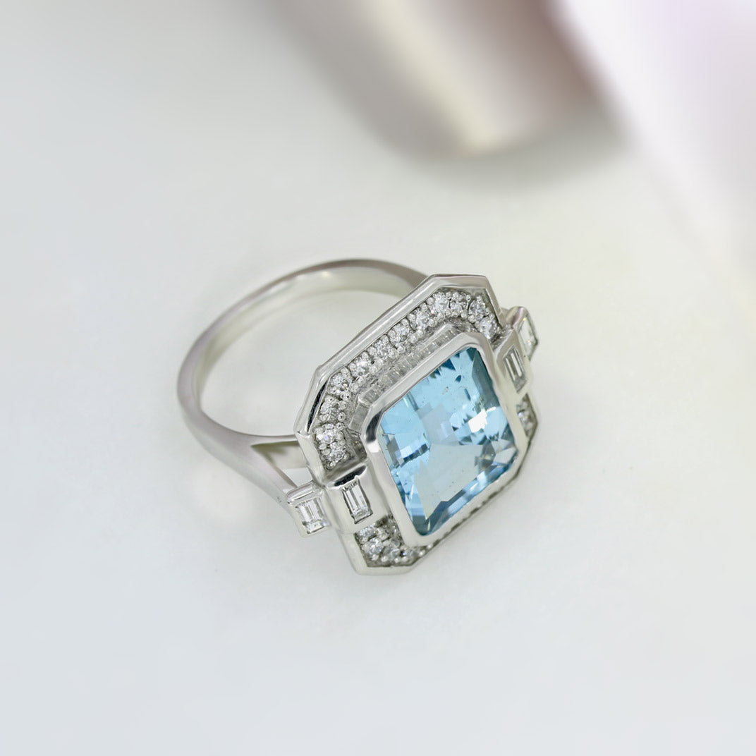 Aquamarine Dress Ring with Pave Set Diamond Halo Surround & Baguette Diamond Shoulders