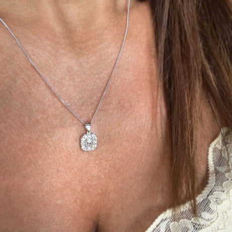 9ct Gold Claw Set Square Ascher Cut & Round Brilliant Cut Lab Grown Diamond Cluster Pendant  Ascher Diamond Weight: 1.00ct Outer Diamond Weight: 0.31ct