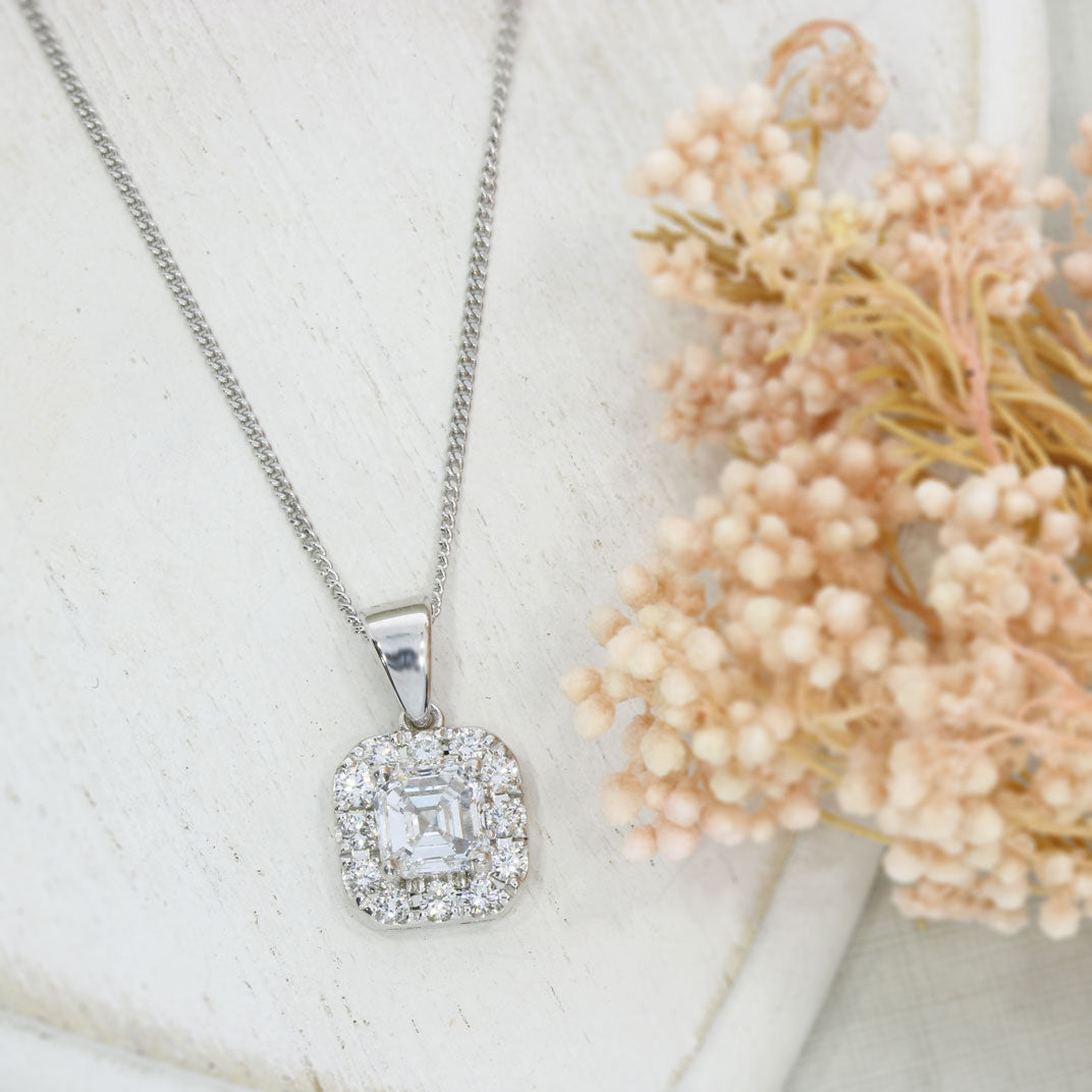 9ct Ascher Cut Lab Grown Diamond Cluster Pendant 1.31ct & 9ct Chain