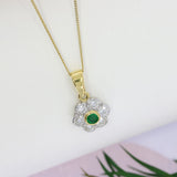 18ct Yellow Gold Emerald & Diamond Flower Cluster Pendant om 9ct 20 Inch Curb Chain