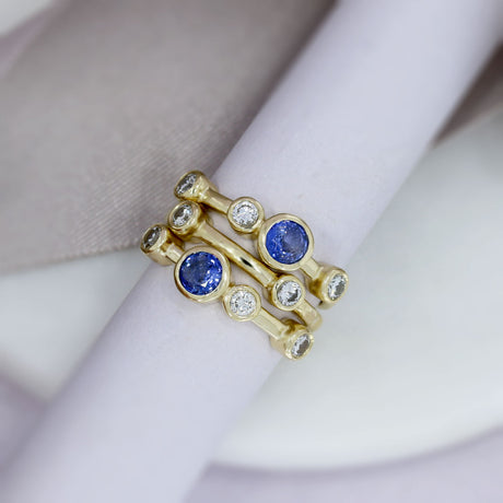 9ct Yellow Gold Sapphire & Diamond 3 Row Bubble Ring