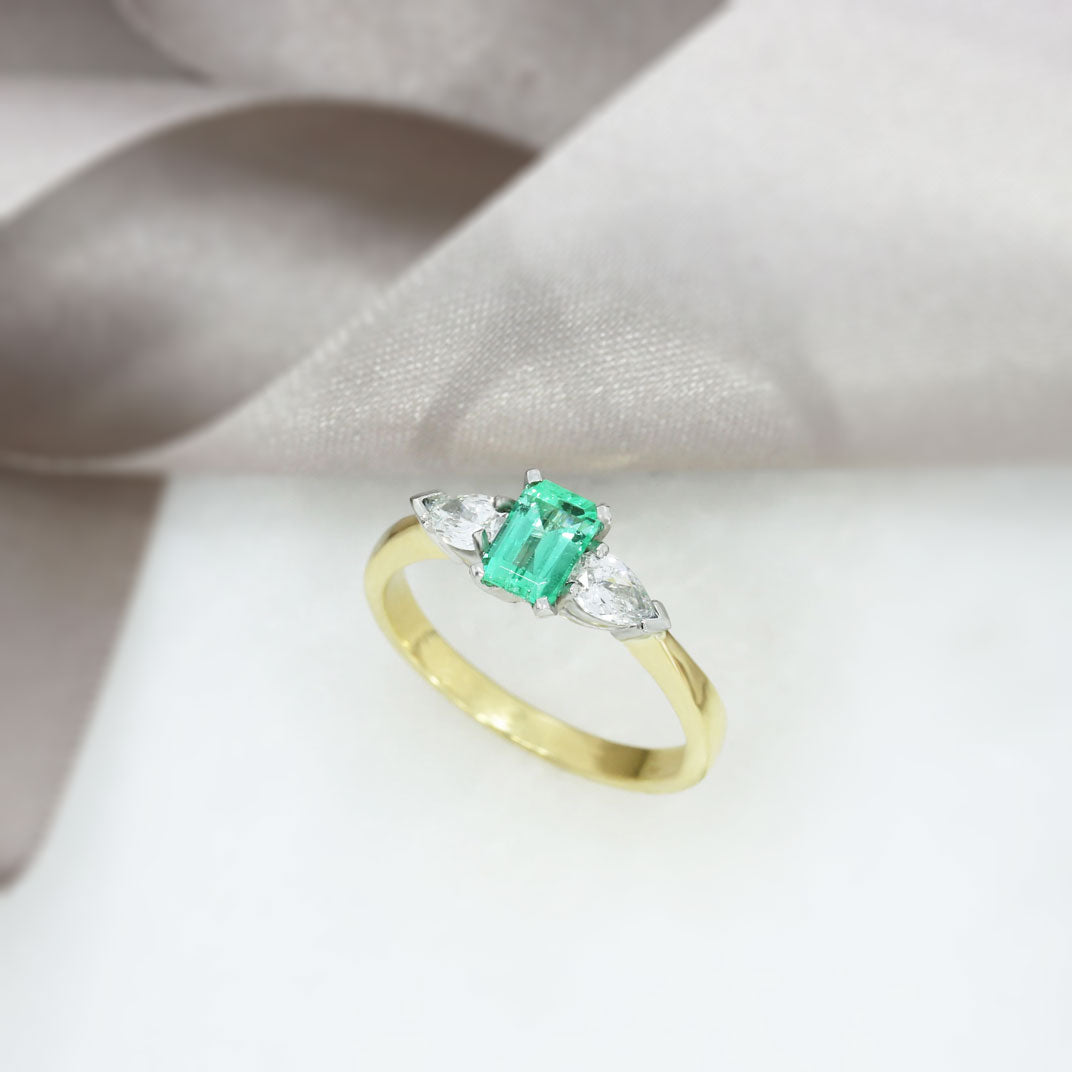 18ct Yellow Gold Platinum Octagonal Emerald & Pear Shape Diamond Ring