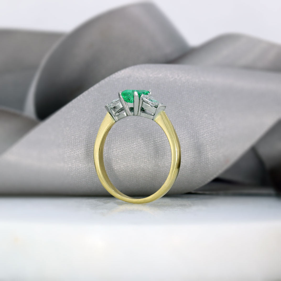 18ct Yellow Gold Platinum Octagonal Emerald & Pear Shape Diamond Ring