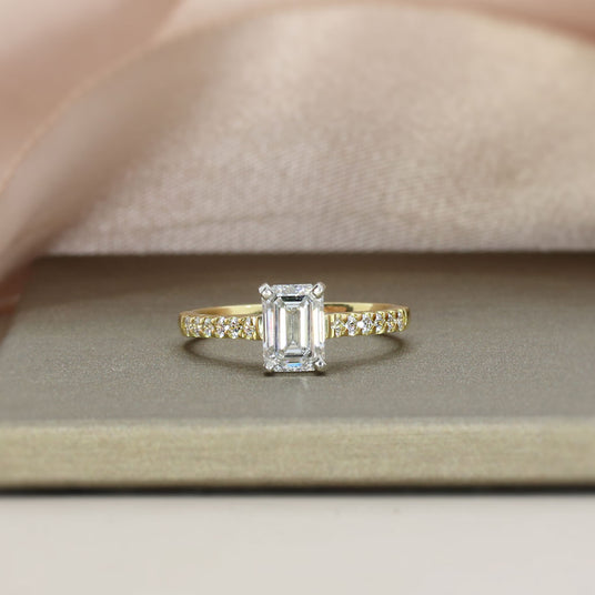 18ct Gold Lab Grown Emerald Cut Diamond Solitaire With Stone Set Shoulders 1.37ct