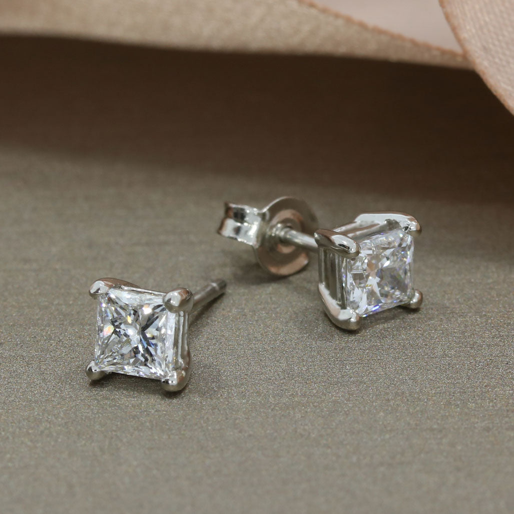 Platinum Claw Set Princess Cut Lab Diamond Stud Earrings 1.66ct