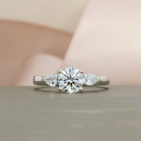 Platinum Brilliant Cut Lab Grown Diamond Ring with Pear Shape Diamond Shoulders Total 1.30ct