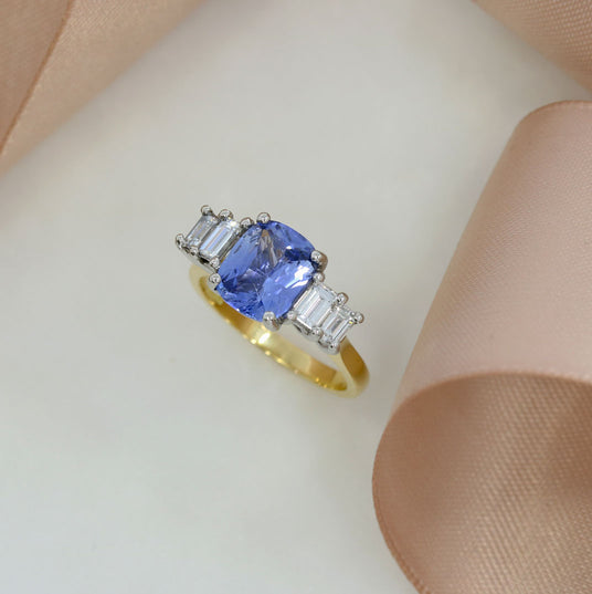 18ct Gold & Platinum Cushion Shape Sapphire 2.60ct & Baguette Diamond 0.80ct Ring