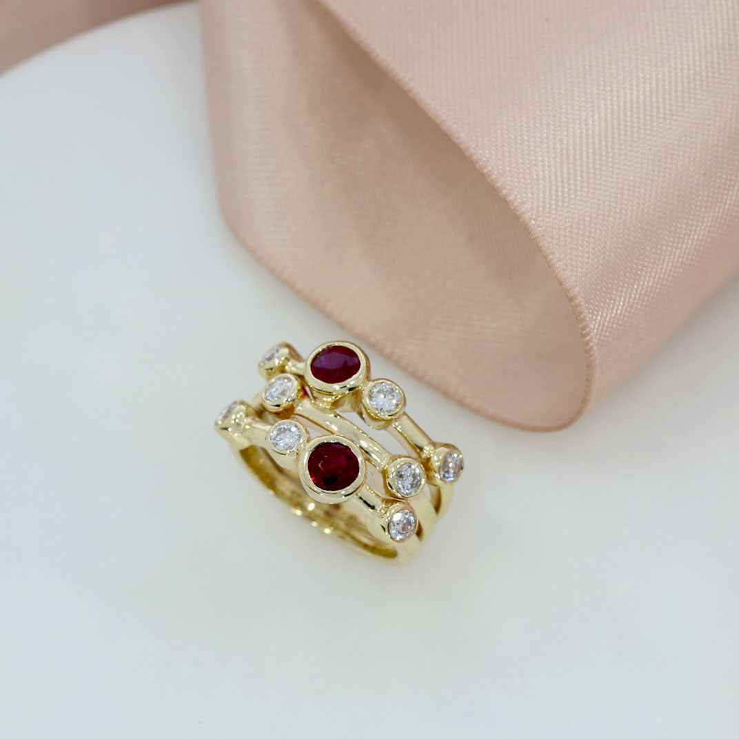 9ct Yellow Gold Laboratory Grown Diamonds & Natural Ruby Bubble Ring