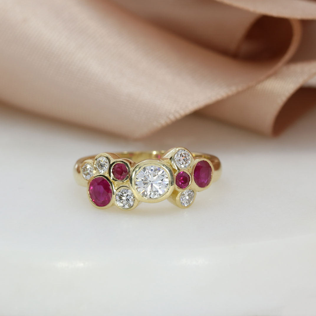 9ct Yellow Laboratory Grown Diamond & Natural Ruby Bubble Ring