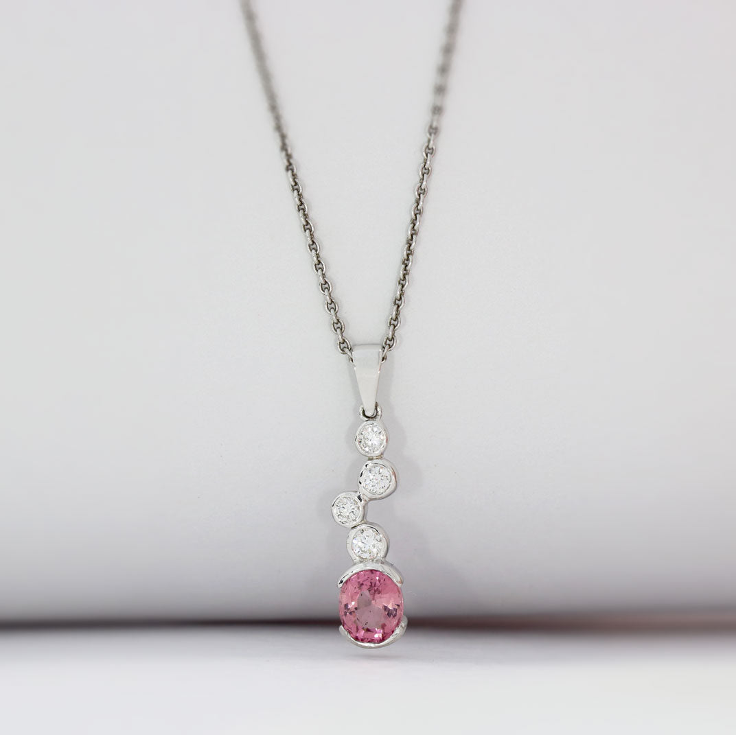 9ct White Gold Pink Tourmaline & Lab Grown Diamond Drop Bubble Pendant