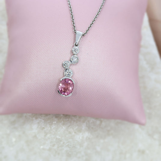 9ct White Gold Pink Tourmaline & Lab Grown Diamond Drop Bubble Pendant