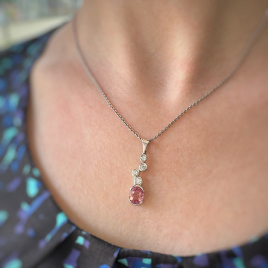 9ct White Gold Pink Tourmaline & Lab Grown Diamond Drop Bubble Pendant