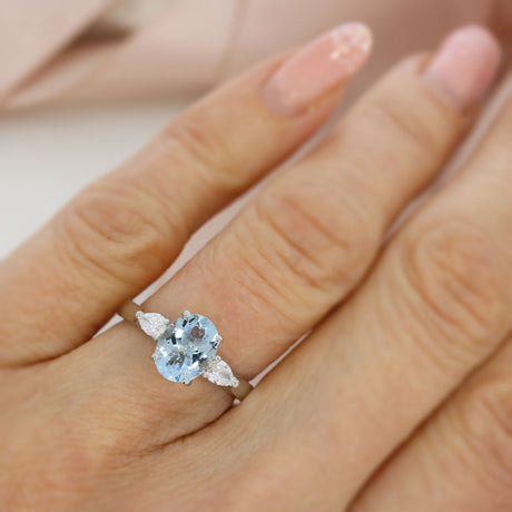 Platinum Oval Aquamarine & Pear Shaped Lab Grown Diamond 3 Stone Ring