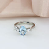 Platinum Oval Aquamarine & Pear Shaped Lab Grown Diamond 3 Stone Ring