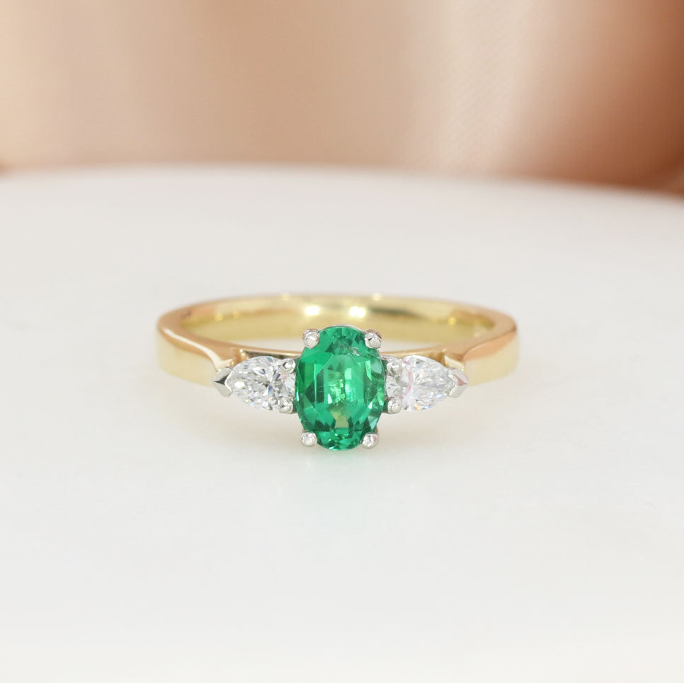 9ct Gold & Platinum Green Tourmaline & Lab Grown Diamond 3 Stone Ring