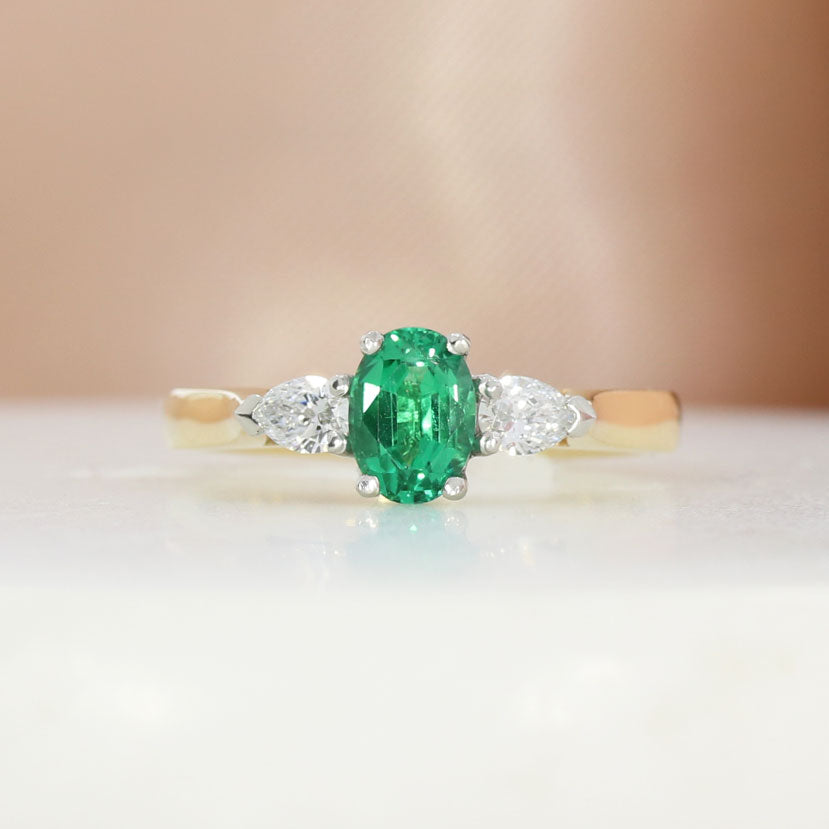 9ct Gold & Platinum Green Tourmaline & Lab Grown Diamond 3 Stone Ring