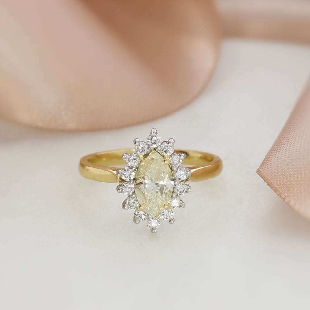 18ct Gold & Platinum Natural Marquise Shape Diamond Cluster Ring Total 1.25ct