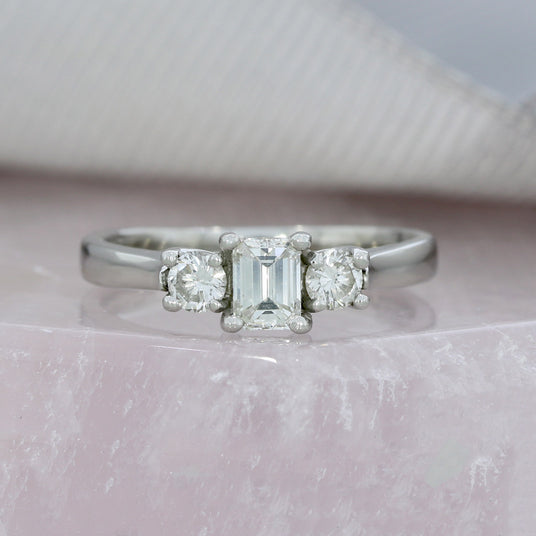 Pre Owned Platinum Emerald & Round Cut 3 Stone Diamond Ring