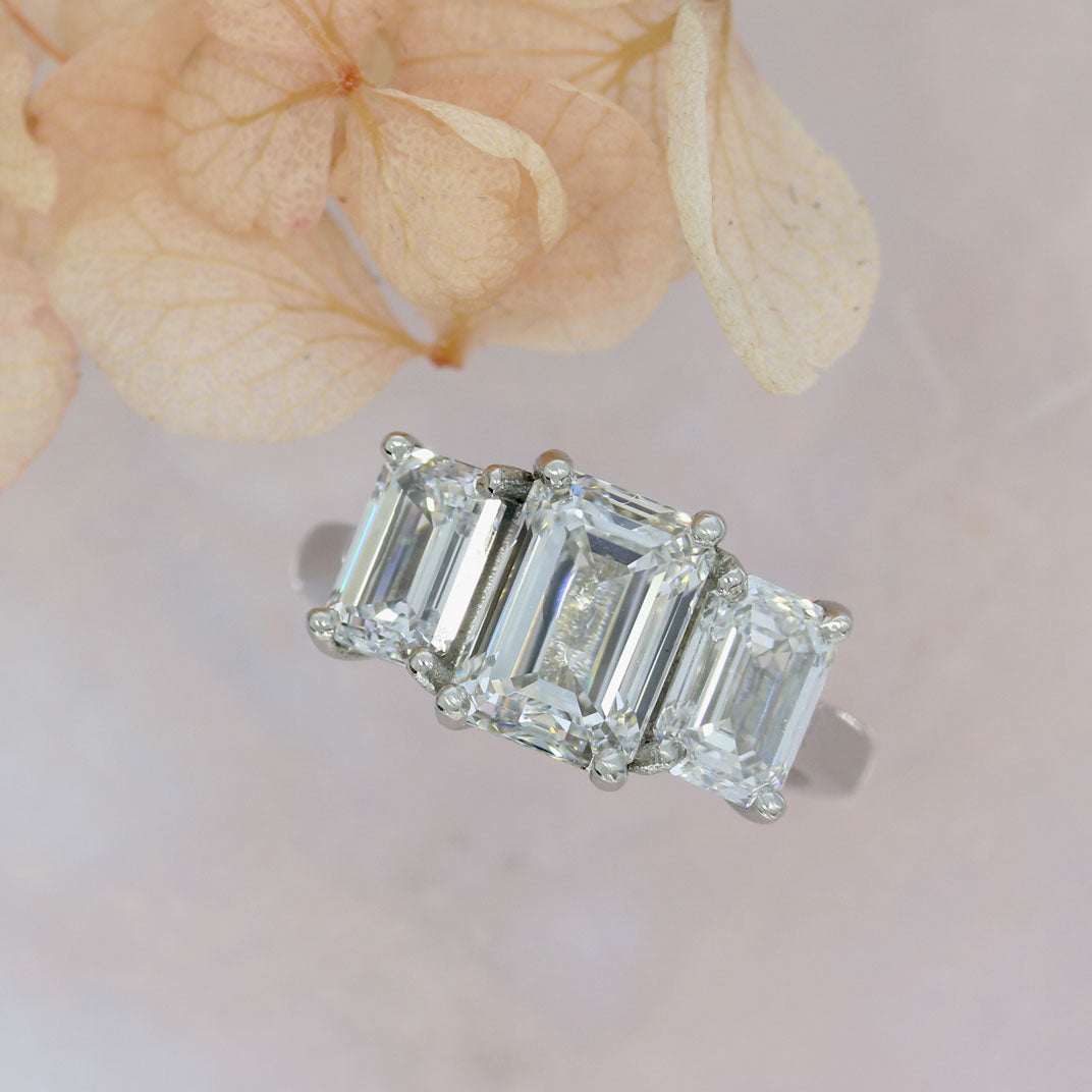 Platinum Certified Emerald Cut Lab Grown 3 Stone Ring Total 7.02ct  D-F VVS-VS